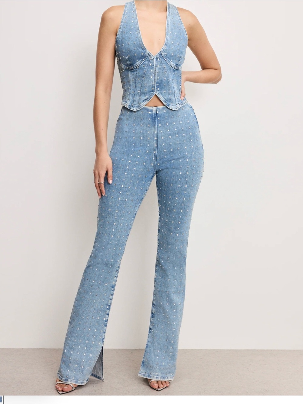 Good American Light Blue Studded High-Rise Flare Jeans